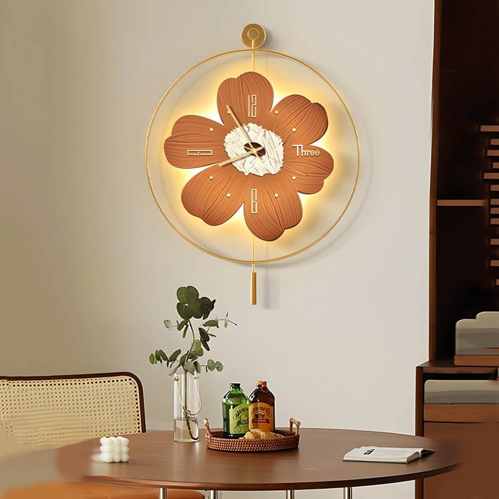 Wall Clock with Light Floral LED Remote‑control Light