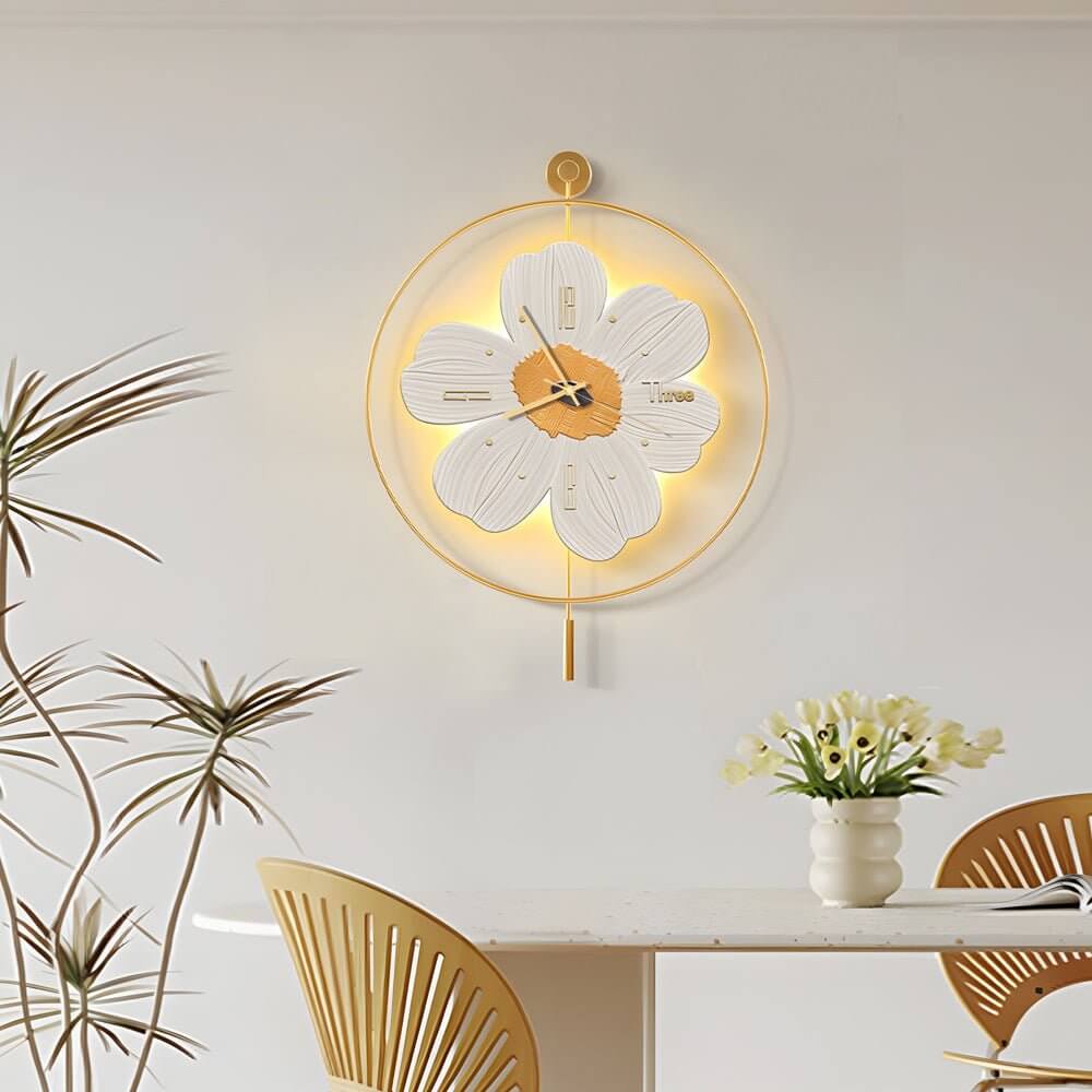 Wall Clock with Light Floral LED Remote‑control Light