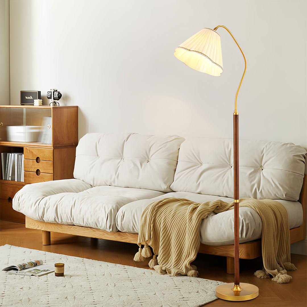 Walnut Floor Lamp Elegant American Retro Fabric Shade Standing Lamp