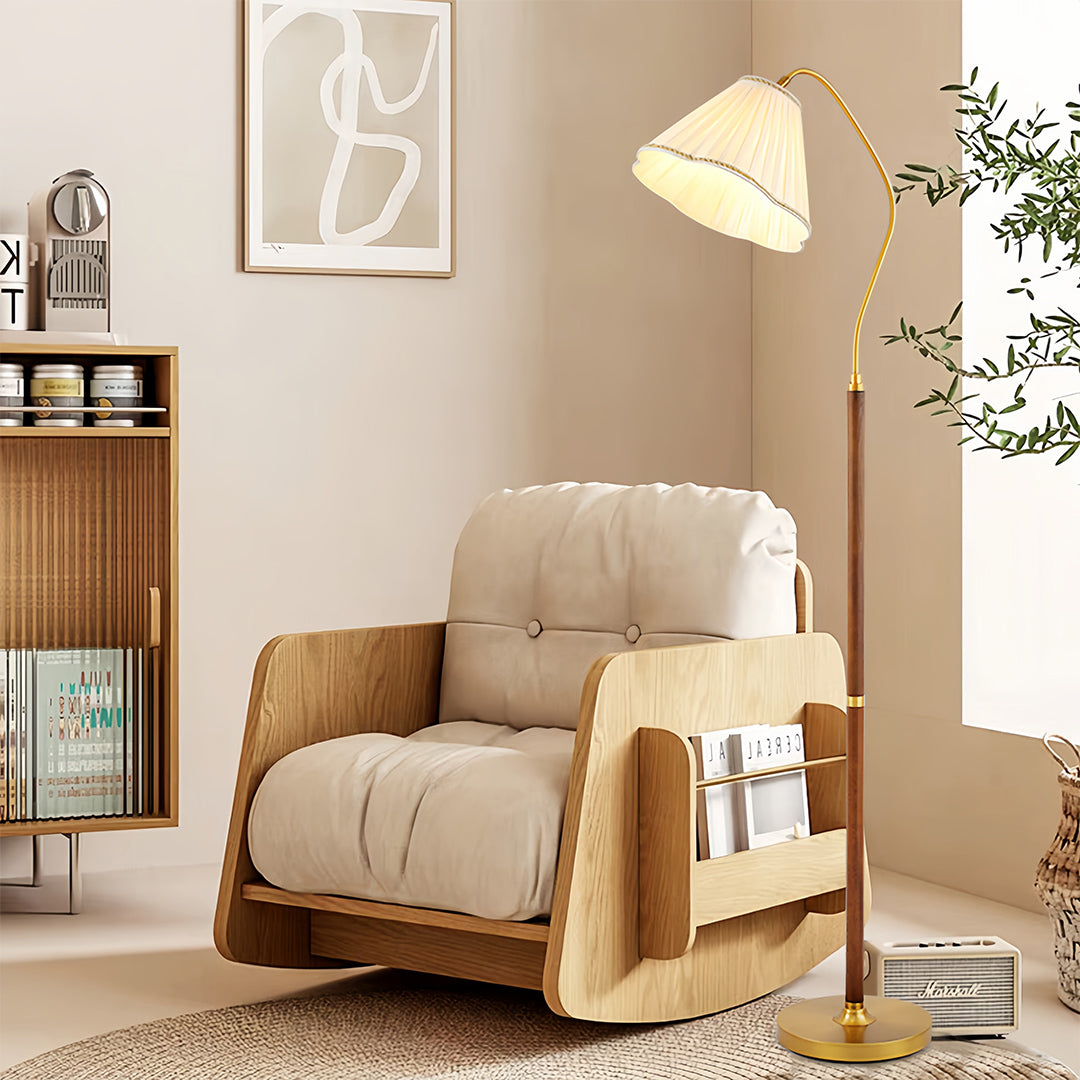 Walnut Floor Lamp Elegant American Retro Fabric Shade Standing Lamp
