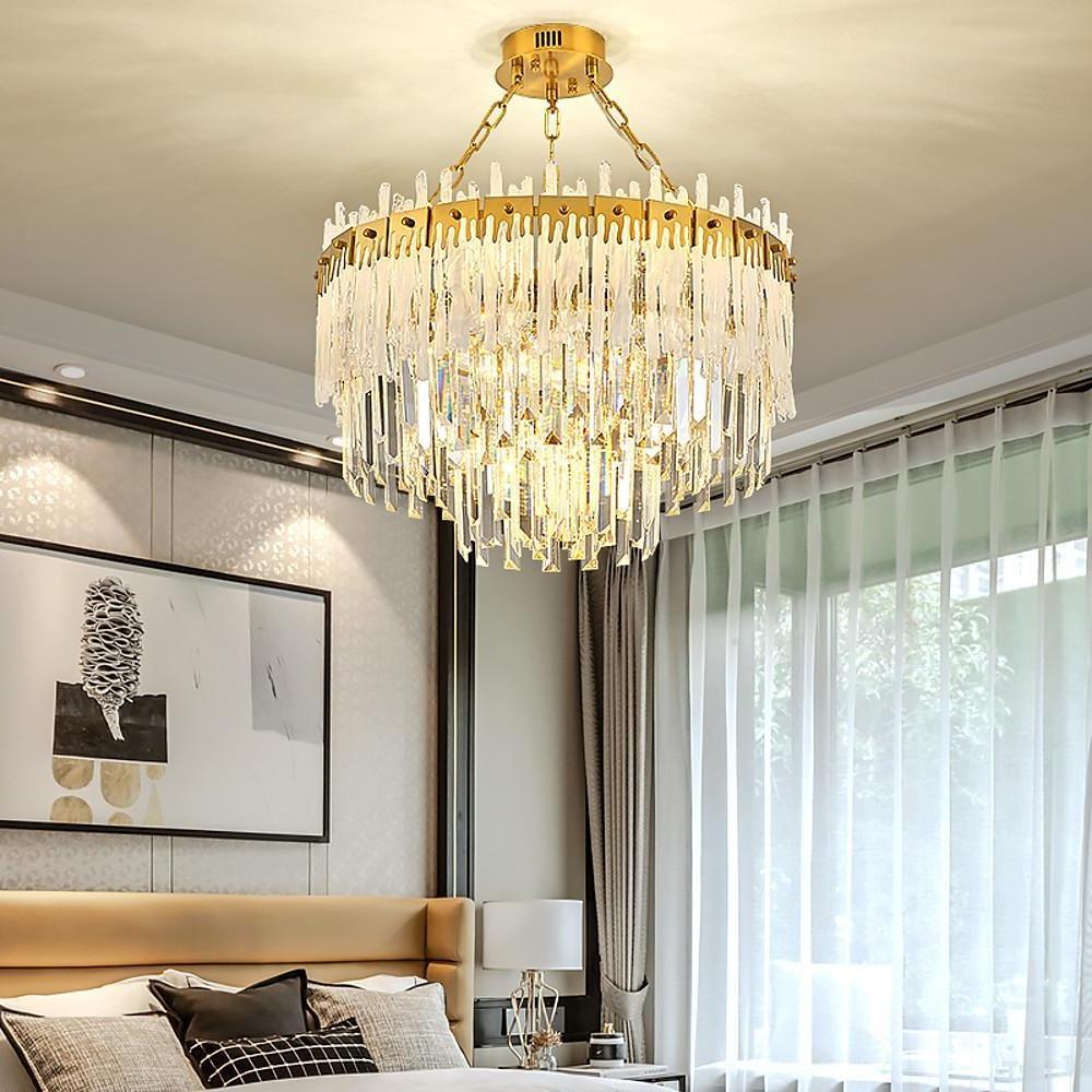 Nordic Style Round Gold Crystal Chandelier: 16” cord, Gold, Neutral Light