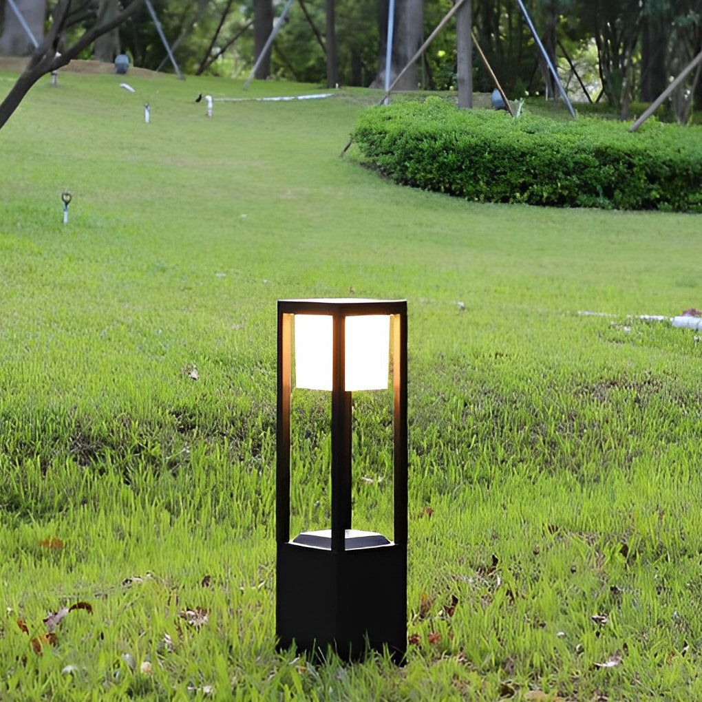 Hollow Rectangular Solar LED Pathway Bollard Lights Black Aluminum Modern Design