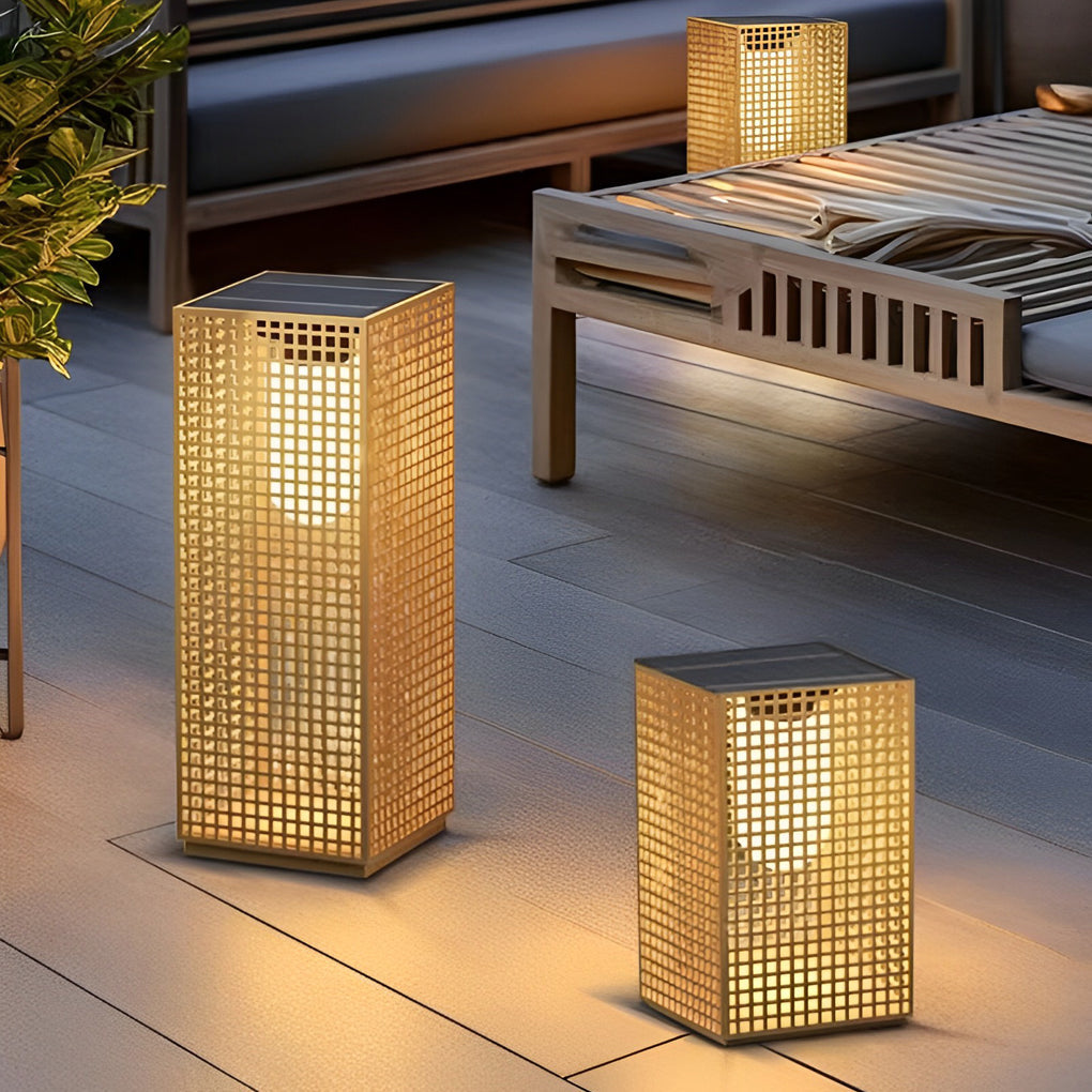 Artistic Gold Cuboid Pathway Bollard Lights with LED Solar or Hardwired Asian-Inspired Design