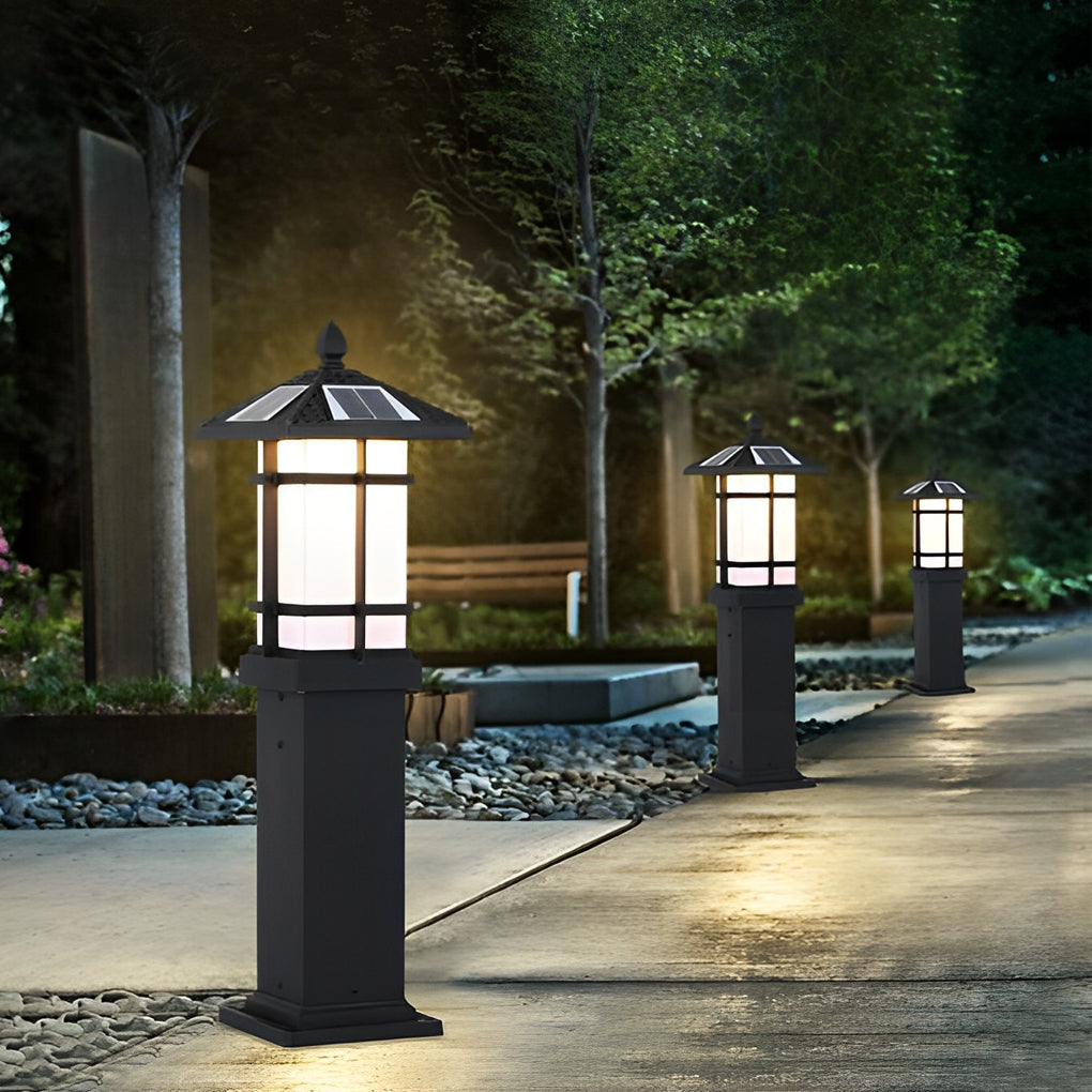 Modern Solar LED Bollard Lights with Ancient Asian Style Top Waterproof Outdoor Light