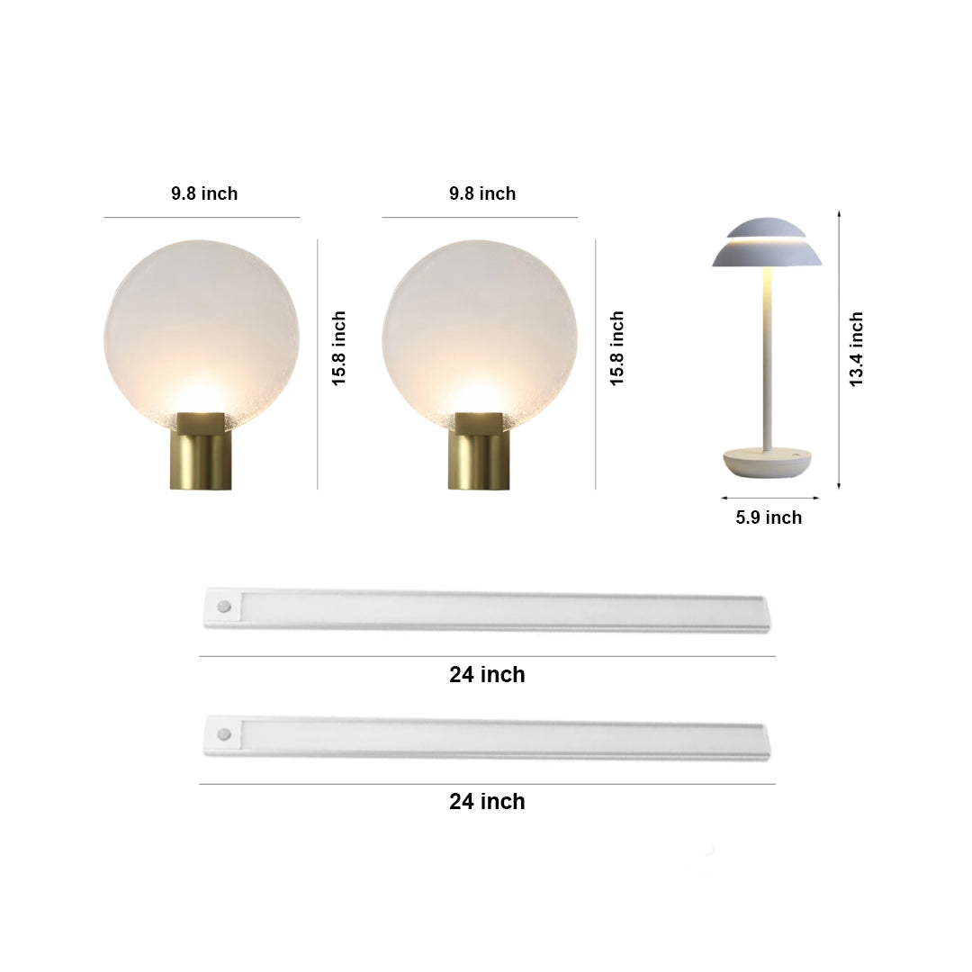 Bedroom Lighting Suite: Glass Sconces, Table Lamp & Under-Bed Light