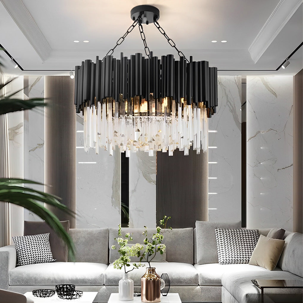 Black Metal and Crystal Chandelier Modern Round Ceiling Light