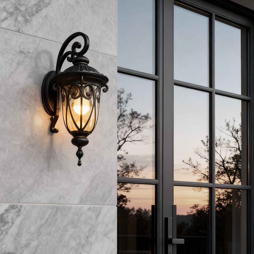 Black Outdoor Lantern Sconce Modern Waterproof Glass Light