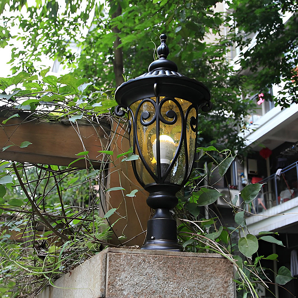 Black Outdoor Pillar Lights Retro Glass Waterproof Light