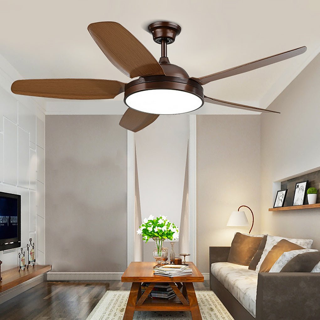 Brown Ceiling Fan with Light Industrial Real Wood Blade Light