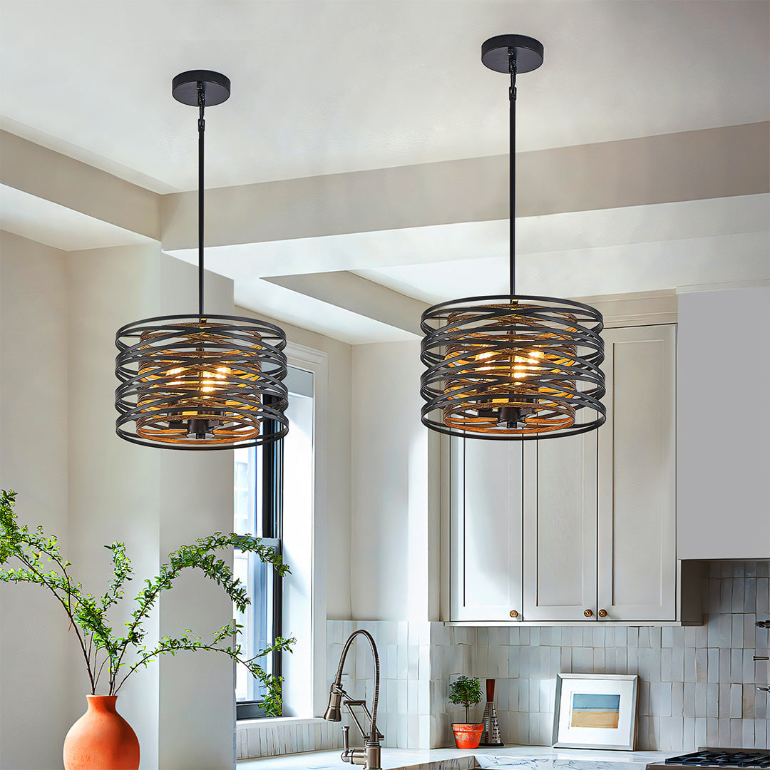 Black Drum Pendant Light Iron Cage Round Cylinder Ceiling Lights