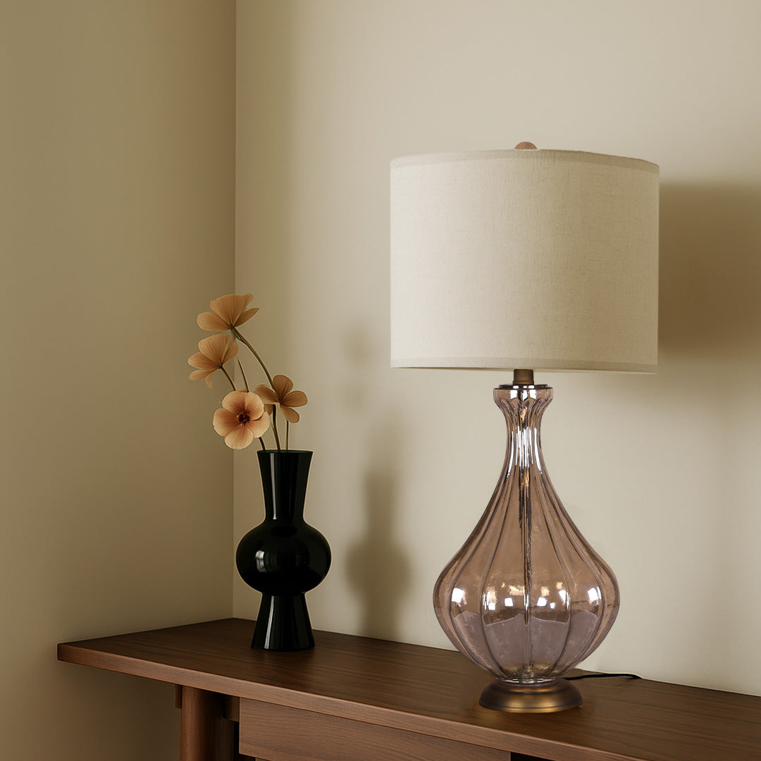 Glass Base Table Lamp with Sculptural Classic Linen Shade Light