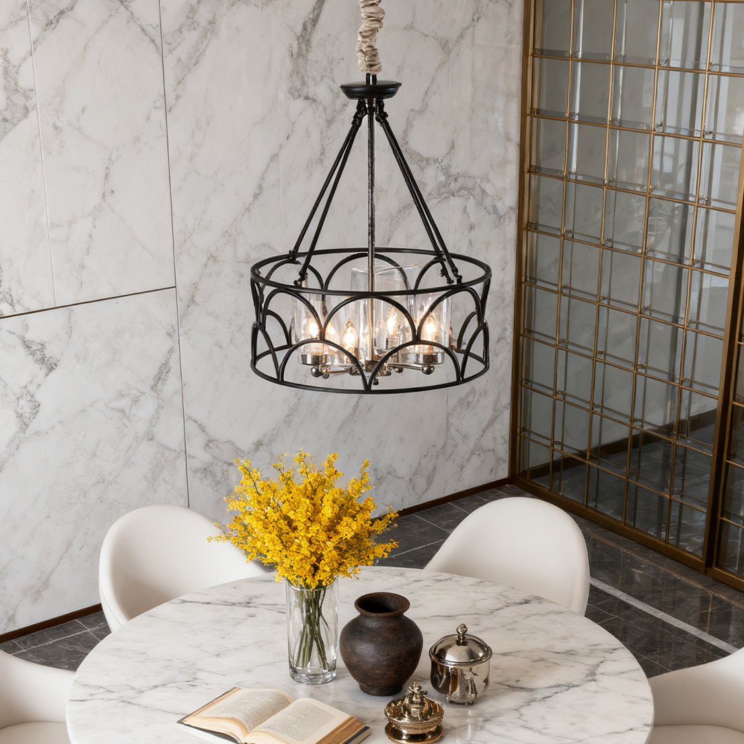 Chandelier with Black American Vintage Metal and Glass Ceiling Light
