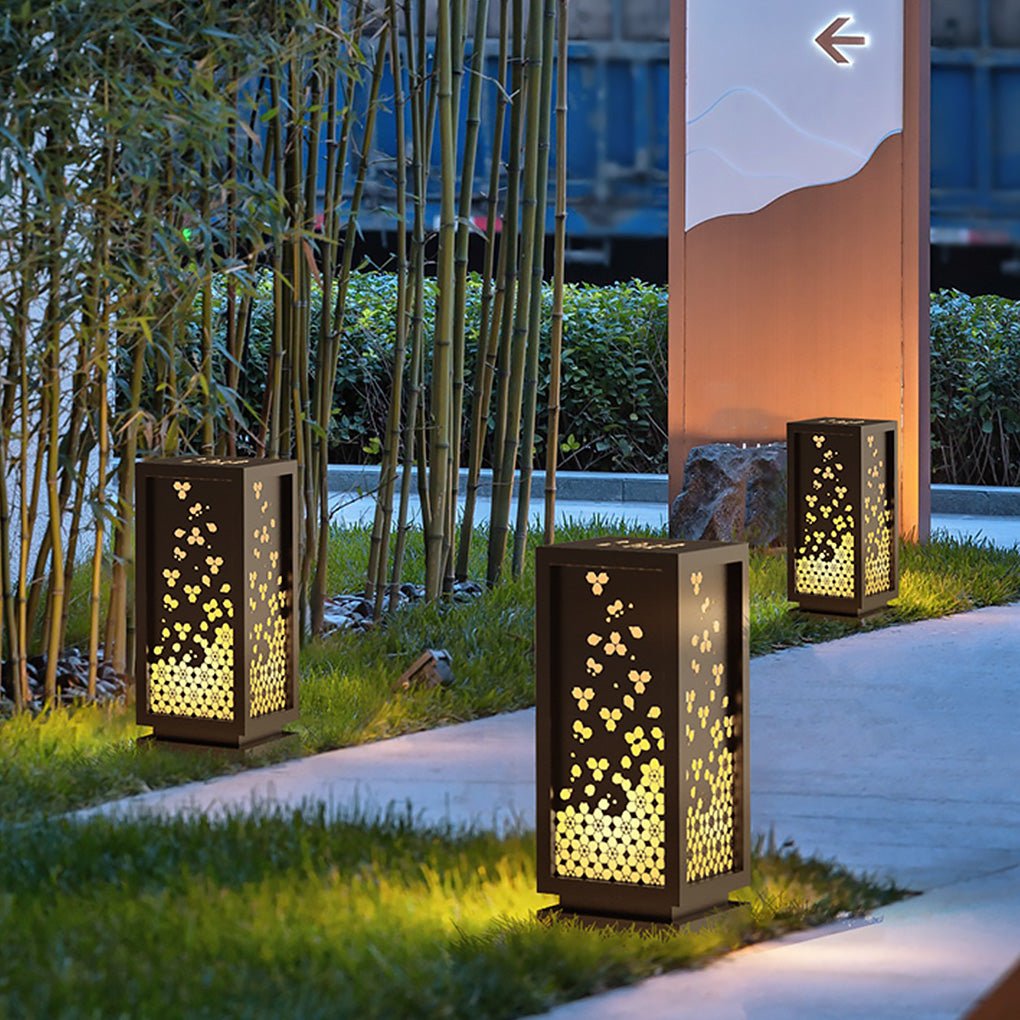 Rectangular Resin and Steel Garden Light with Carved Floral Lampshade