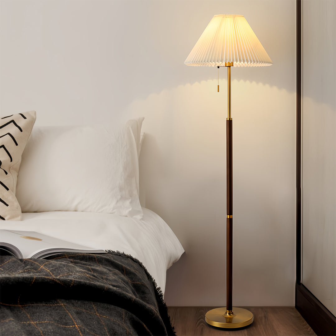 Floor Wood Lamp Pleated Fabric Shade Standing Lamp