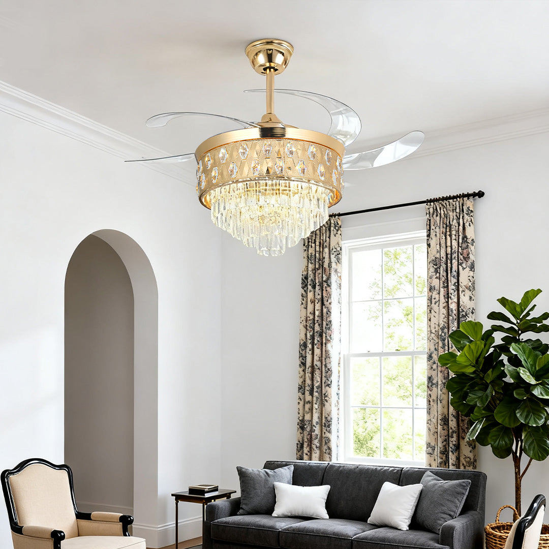 Ceiling Fans with Crystal Lights Luxury Gold Iron with Crystal Pendant
