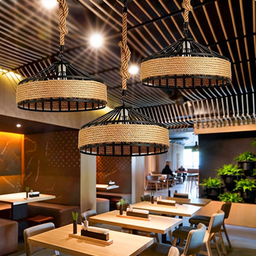 Circular Pendant Light Hemp Rope Iron Art Creative Ceiling Light