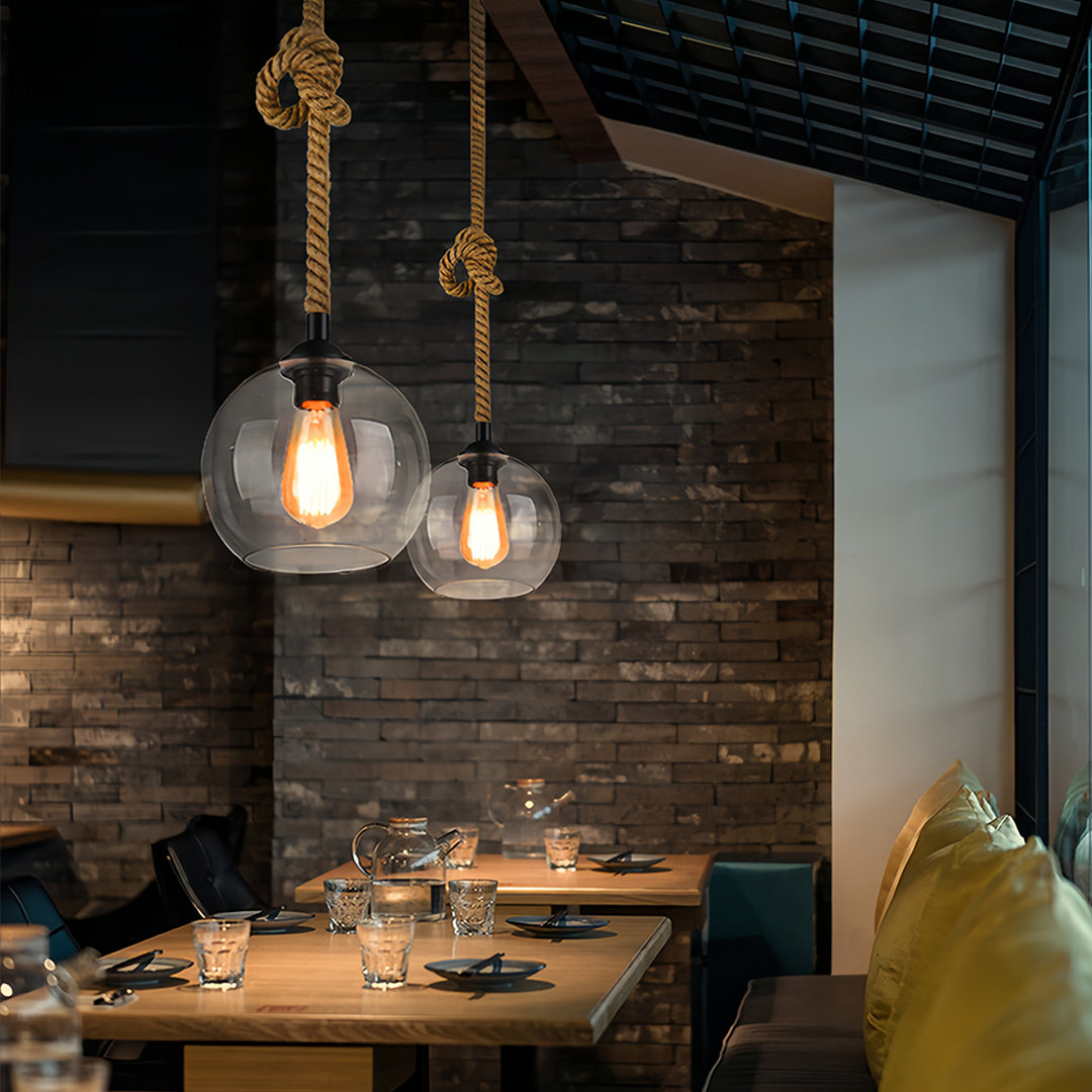 Retro Glass Pendant Light Minimalist LED Hemp Rope Ceiling Light