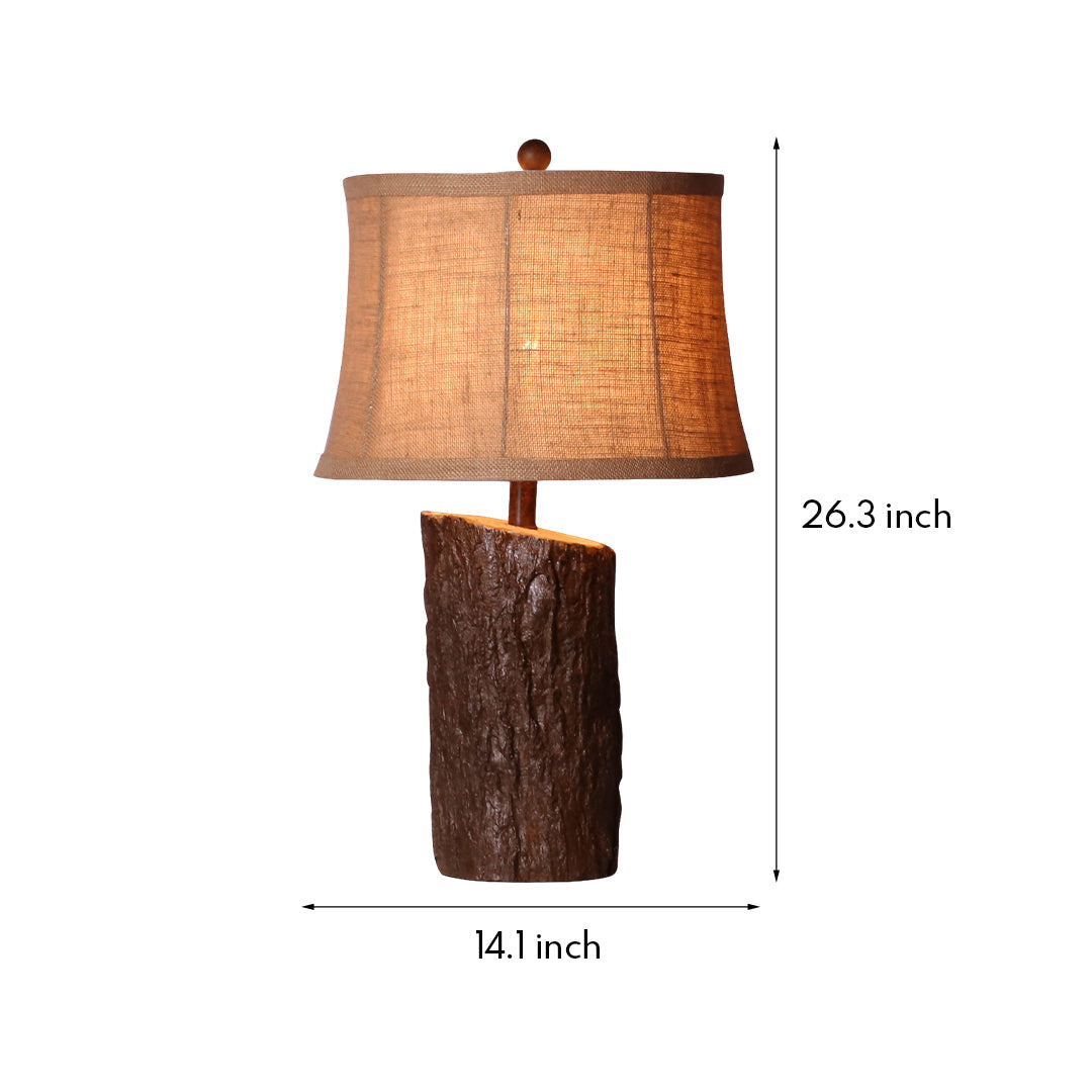 Faux Wood Table Lamp Bark-Textured Fabric Shade Nightstand Light
