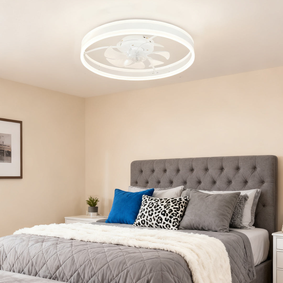 Modern White Ceiling Fan with Light Round Ring White Plastic Lamp