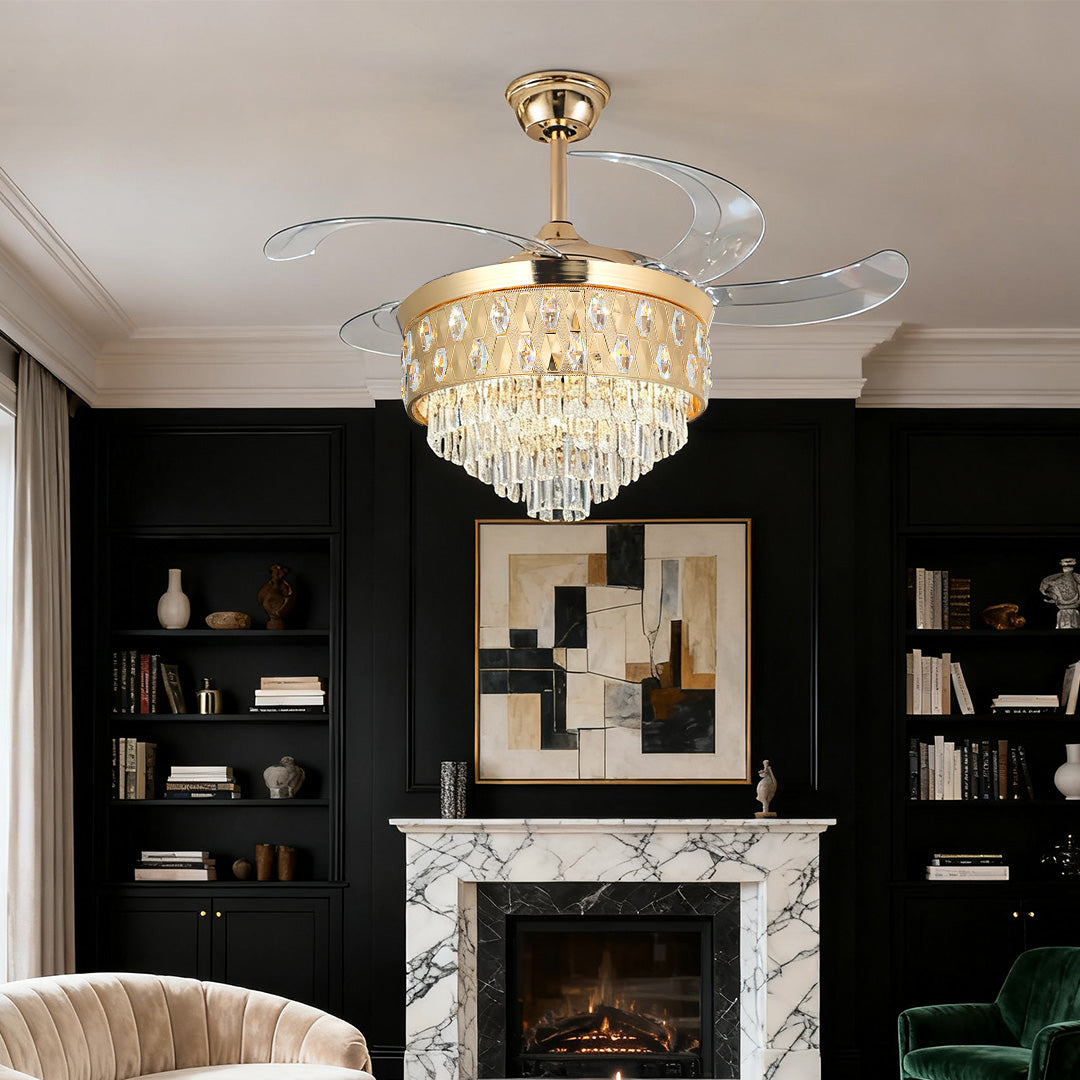 Ceiling Fans with Crystal Lights Luxury Gold Iron with Crystal Pendant
