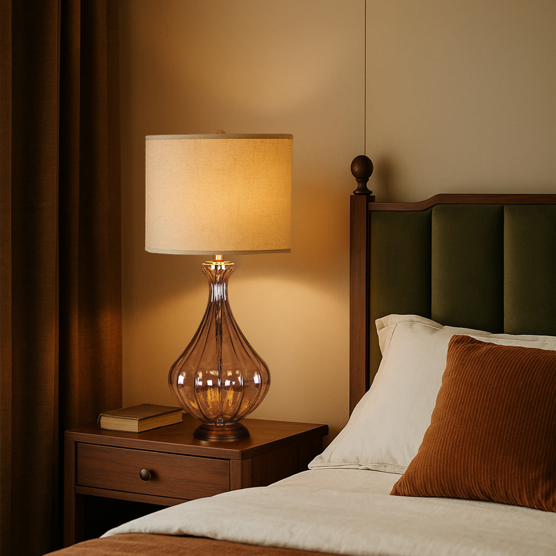 Glass Base Table Lamp with Sculptural Classic Linen Shade Light