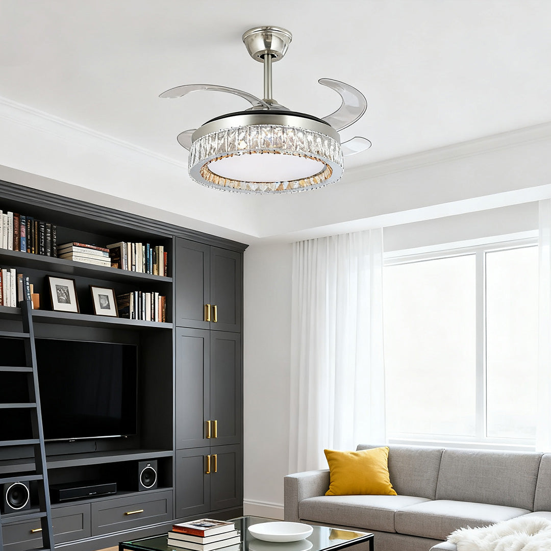 Crystal Ceiling Fan with Light Remote Controlled Luxury Nickel Lamp