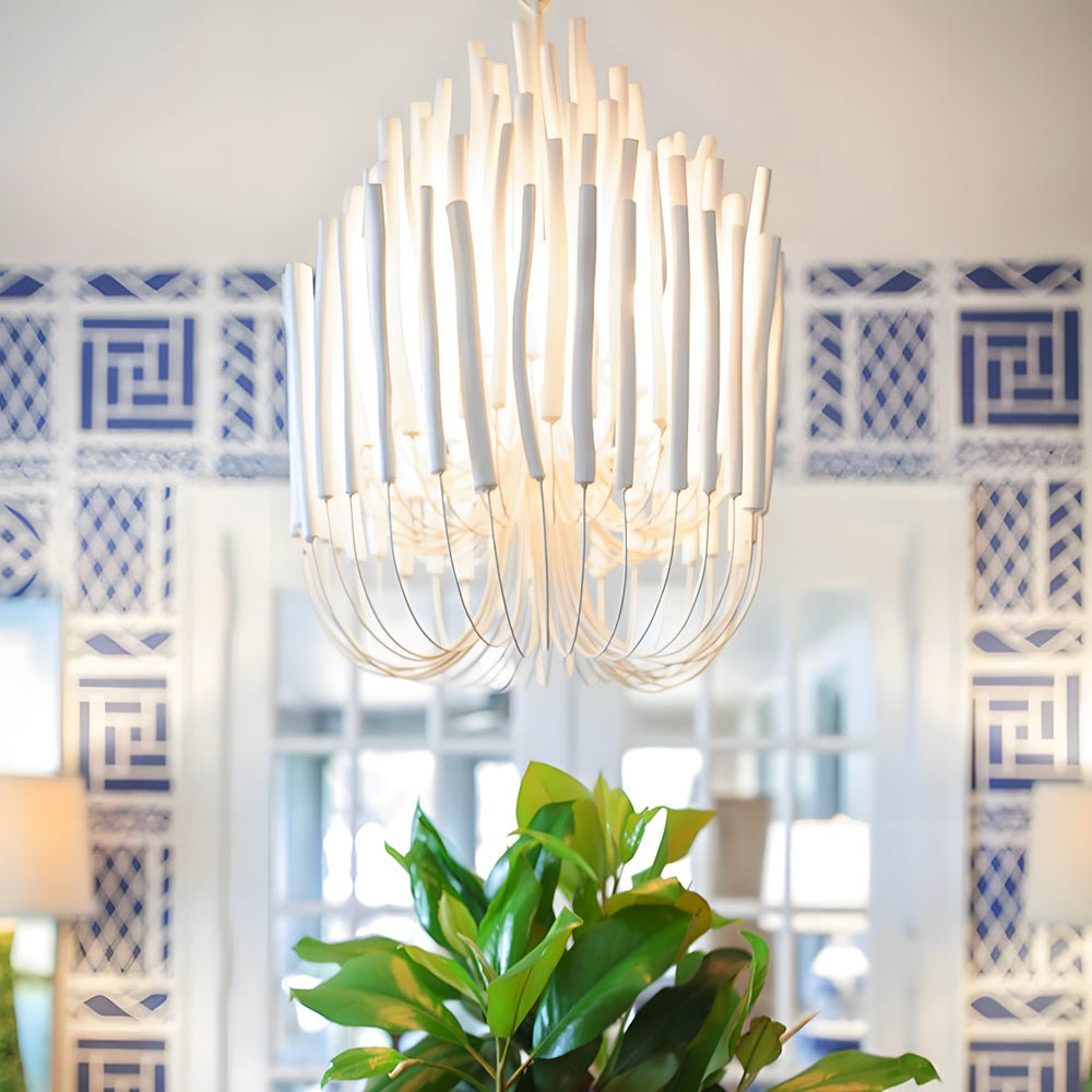 Organic Stick Chandelier White Painted Wooden Ceiling Light