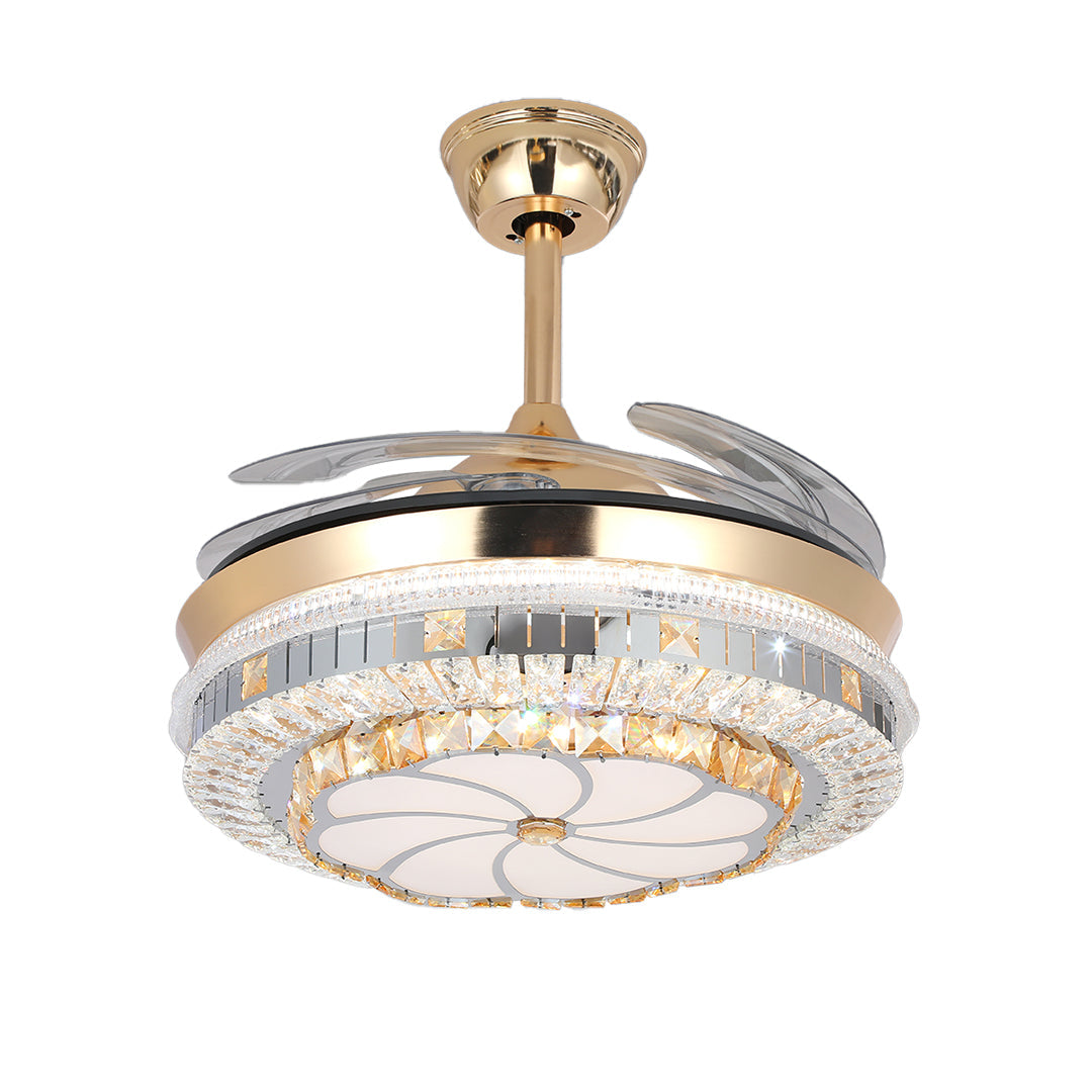 Gold Ceiling Fan with Light Crystal Design 4-Blade PC Invisible Lamp