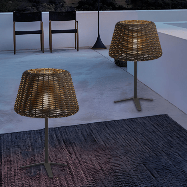 Elegant Rattan Shade LED Outdoor Floor Lamp Pendant Light with Stake and Open-Top Design