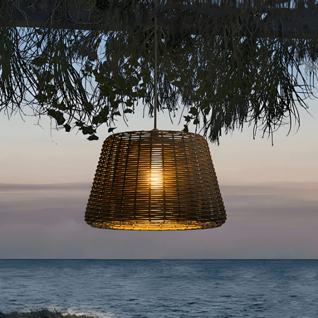 [Open-Box] Elegant Rattan Shade LED Outdoor Floor Lamp Pendant Light with Stake and Open-Top Design