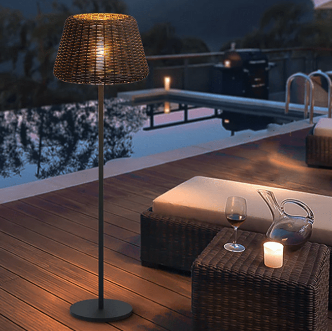 [Open-Box] Elegant Rattan Shade LED Outdoor Floor Lamp Pendant Light with Stake and Open-Top Design
