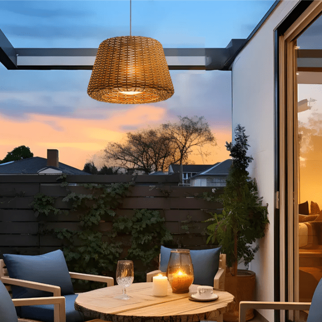 Elegant Rattan Shade LED Outdoor Floor Lamp Pendant Light with Stake and Open-Top Design