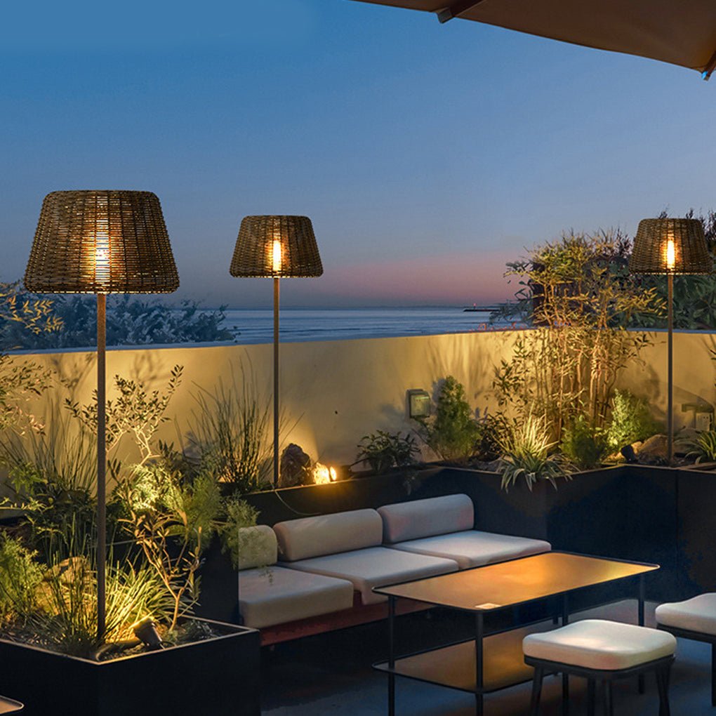 [Open-Box] Elegant Rattan Shade LED Outdoor Floor Lamp Pendant Light with Stake and Open-Top Design