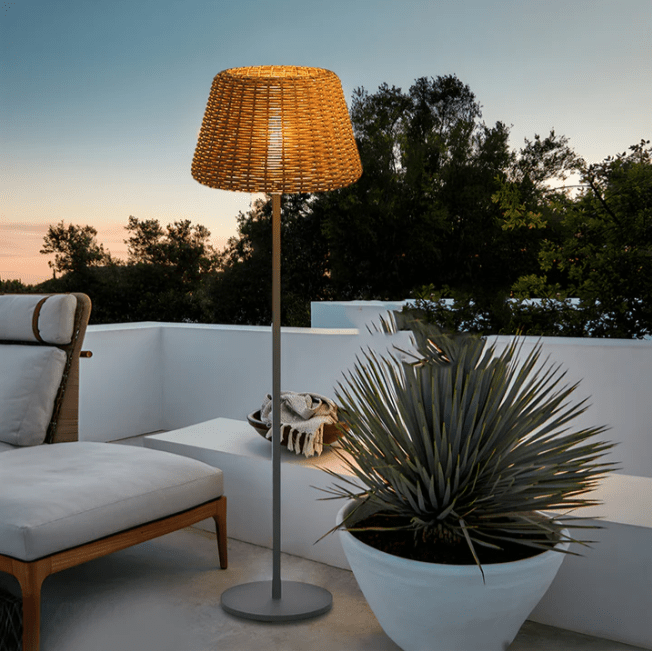 Elegant Rattan Shade LED Outdoor Floor Lamp Pendant Light with Stake and Open-Top Design