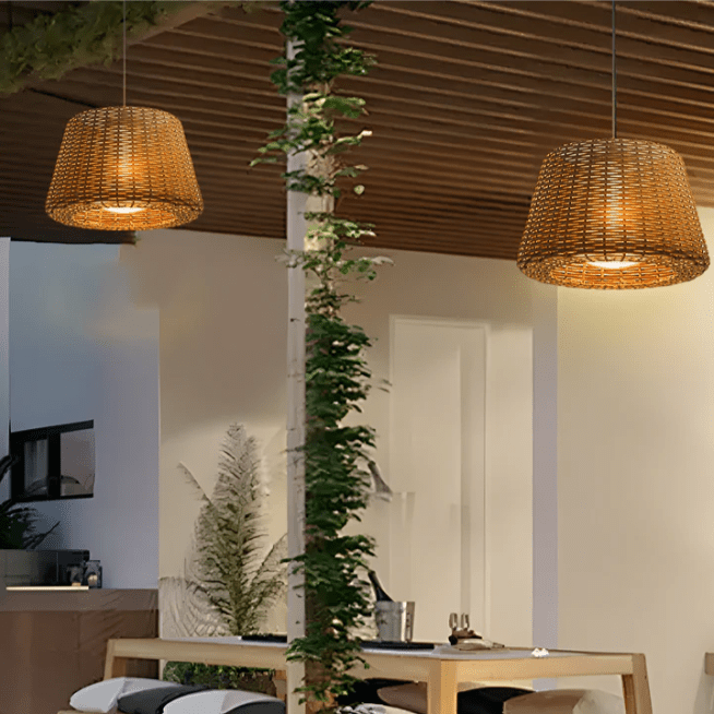 [Open-Box] Elegant Rattan Shade LED Outdoor Floor Lamp Pendant Light with Stake and Open-Top Design