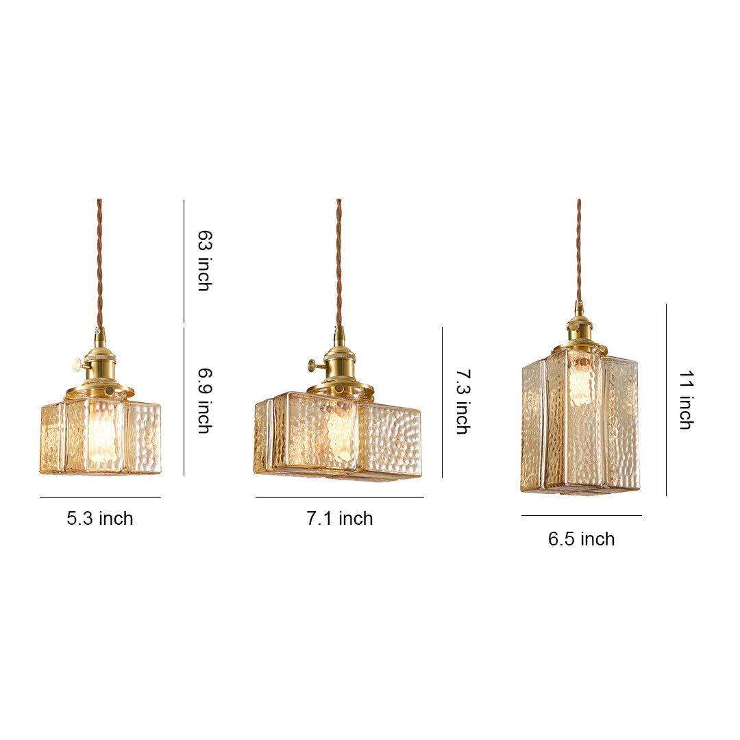 Square Glass Pendant Light Vintage Brass and Glass Ceiling Light