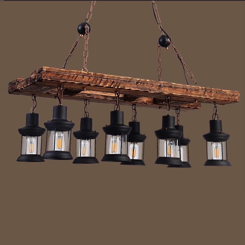 8-light Vintage Rustic Wooden Chandelier Lantern LED Farmhouse Hanging Lamp