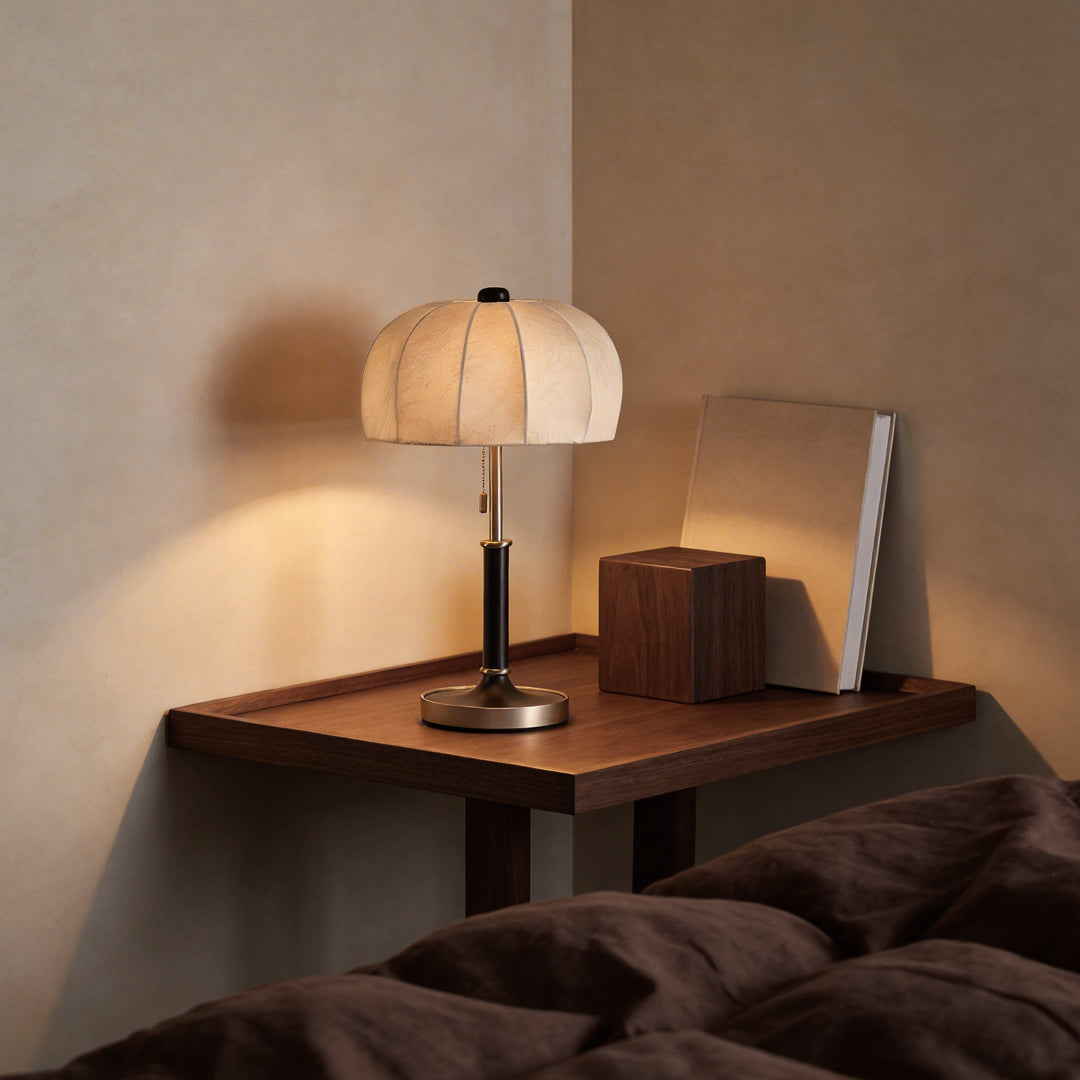 Fabric Table Lamp Vintage Brass Dome Pull Chain Light