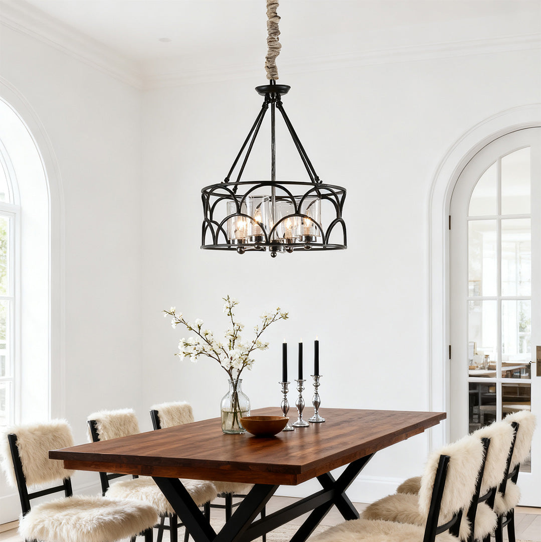 Chandelier with Black American Vintage Metal and Glass Ceiling Light