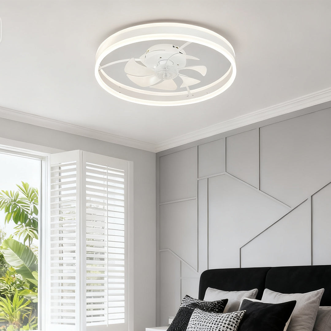 Modern White Ceiling Fan with Light Round Ring White Plastic Lamp