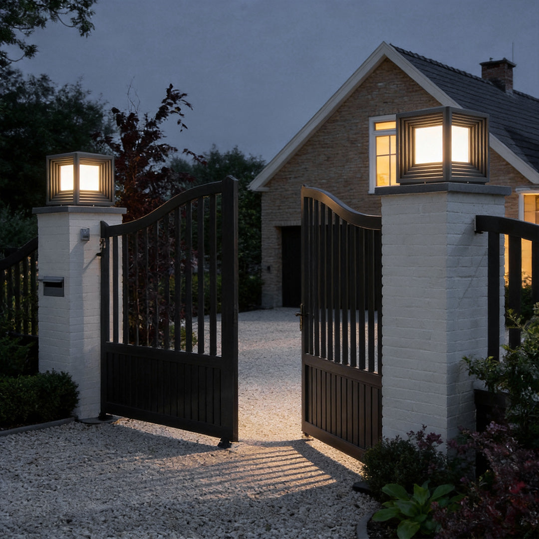 Gate Pillar Lights Modern Black Square Solar Metal Light