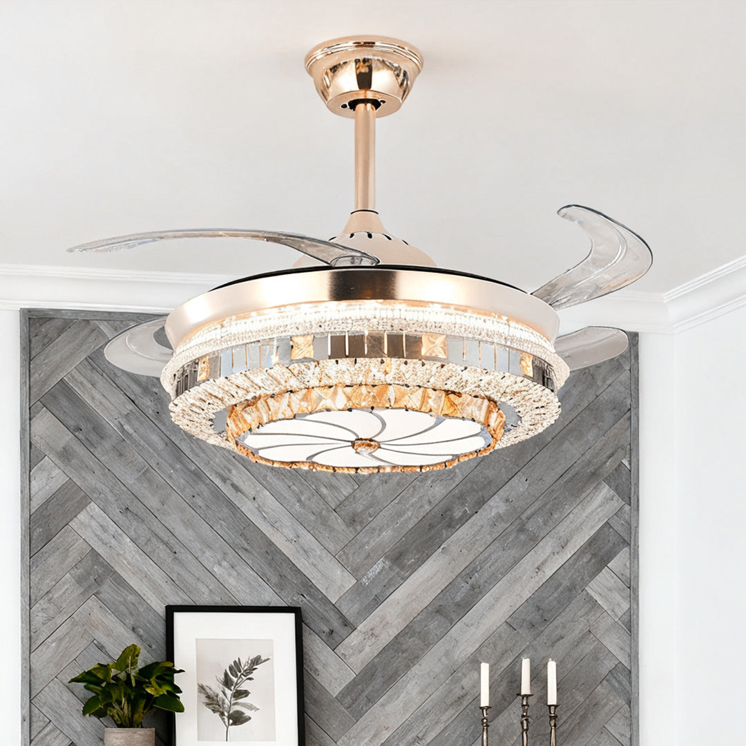 Gold Ceiling Fan with Light Crystal Design 4-Blade PC Invisible Lamp