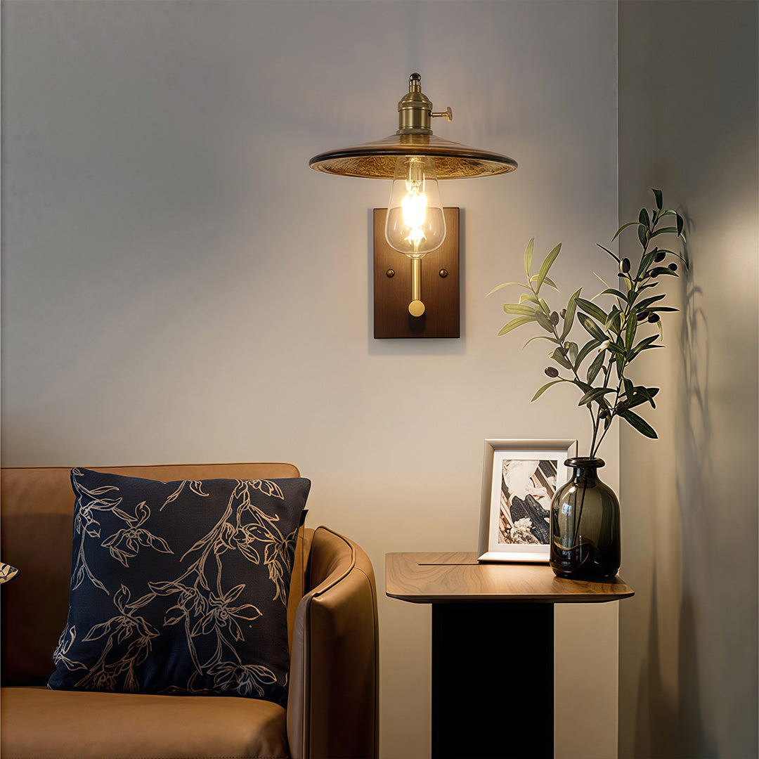 Glass Wall Lights Japanese Retro Wave Iron Body Rubberwood Lamp