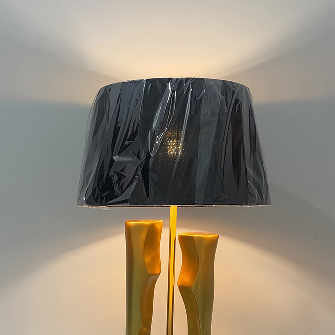 Gold and Black Table Lamp Sculptural Base Elegant Drum Shade Lamp