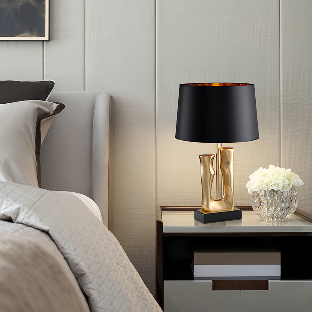 Gold and Black Table Lamp Sculptural Base Elegant Drum Shade Lamp