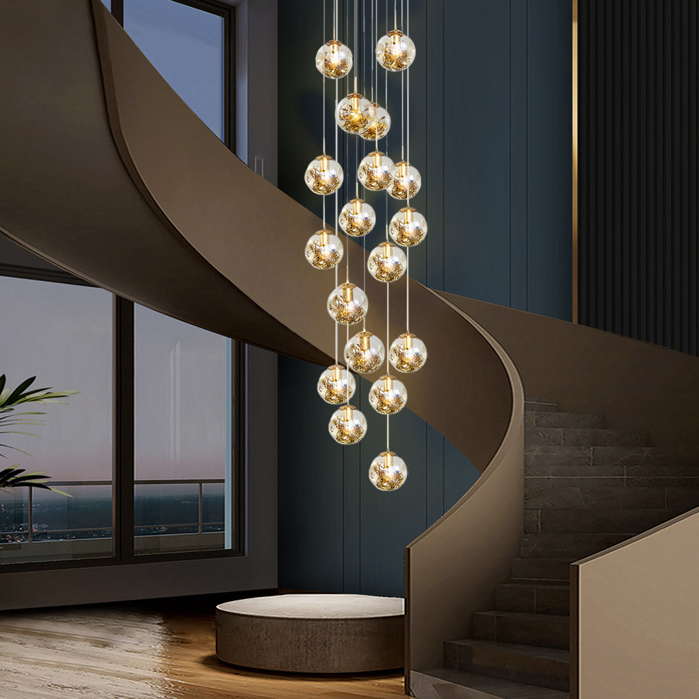 Gold Staircase Chandelier Cognac Glass Globe Ceiling Light