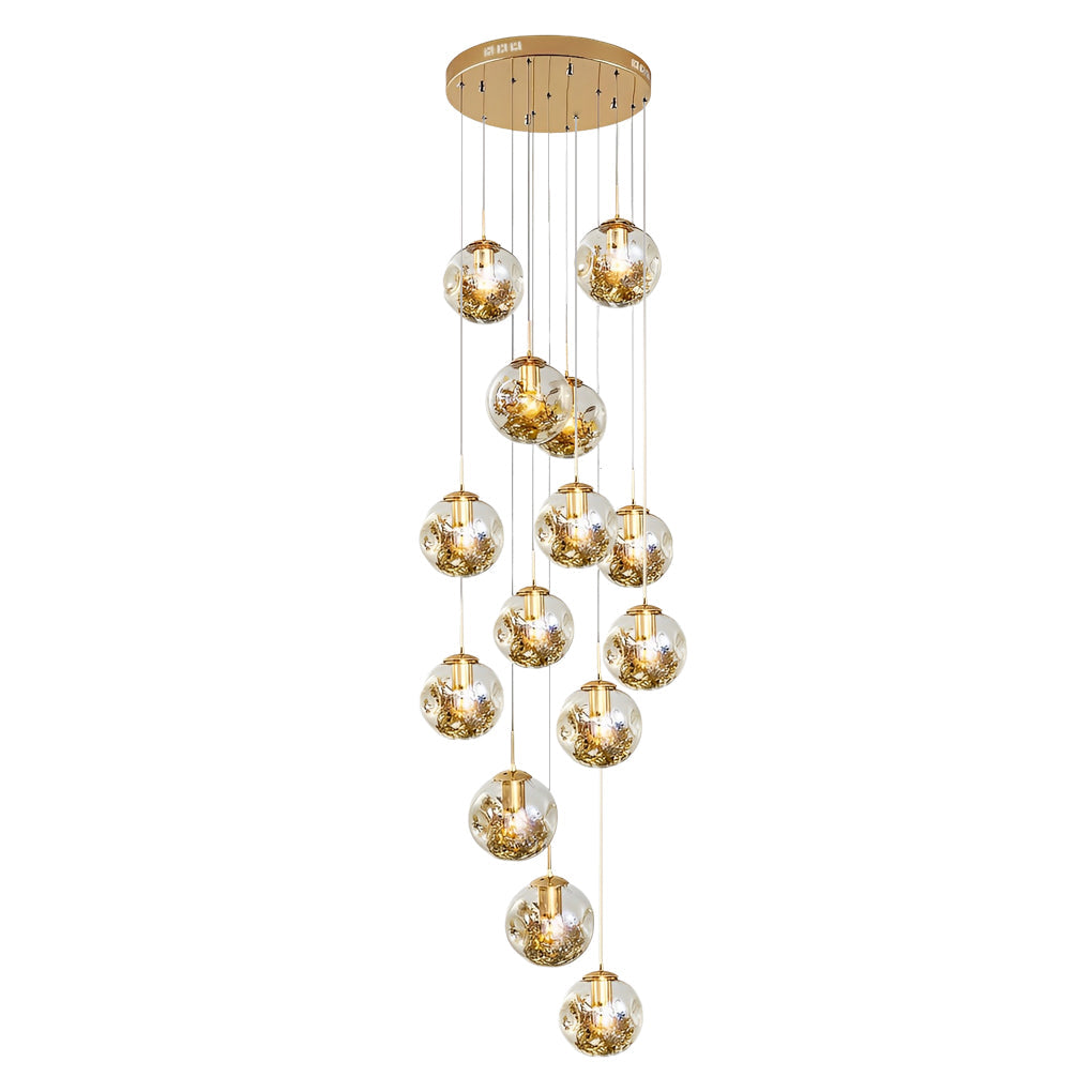 Gold Staircase Chandelier Cognac Glass Globe Ceiling Light