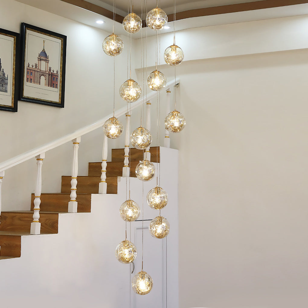 Gold Staircase Chandelier Cognac Glass Globe Ceiling Light
