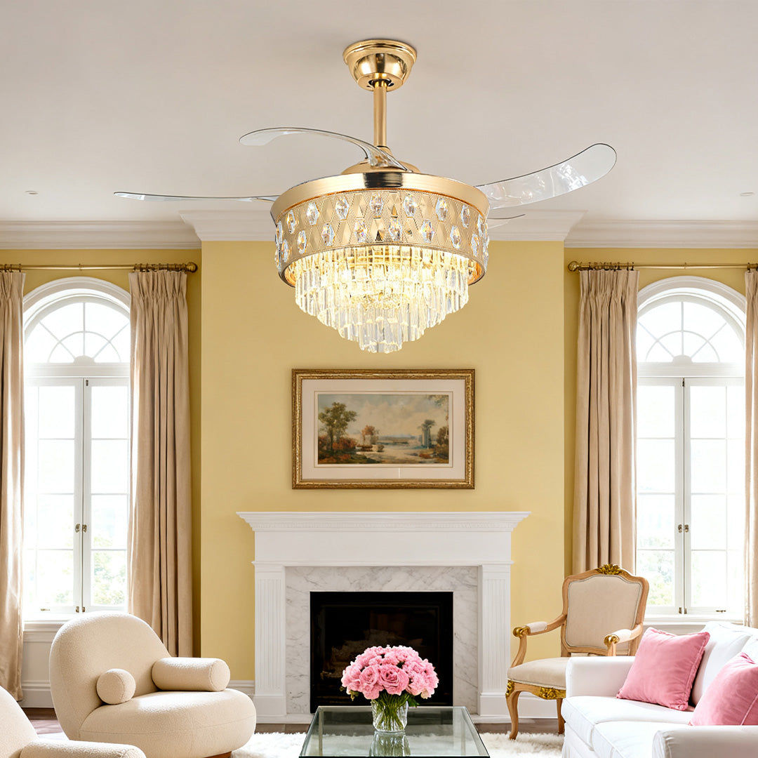Ceiling Fans with Crystal Lights Luxury Gold Iron with Crystal Pendant