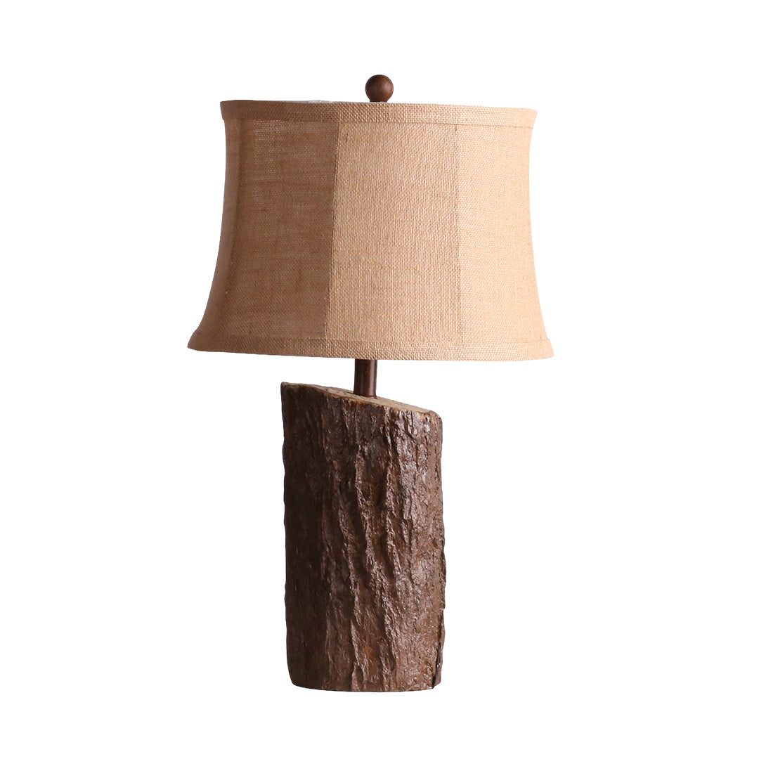 Faux Wood Table Lamp Bark-Textured Fabric Shade Nightstand Light